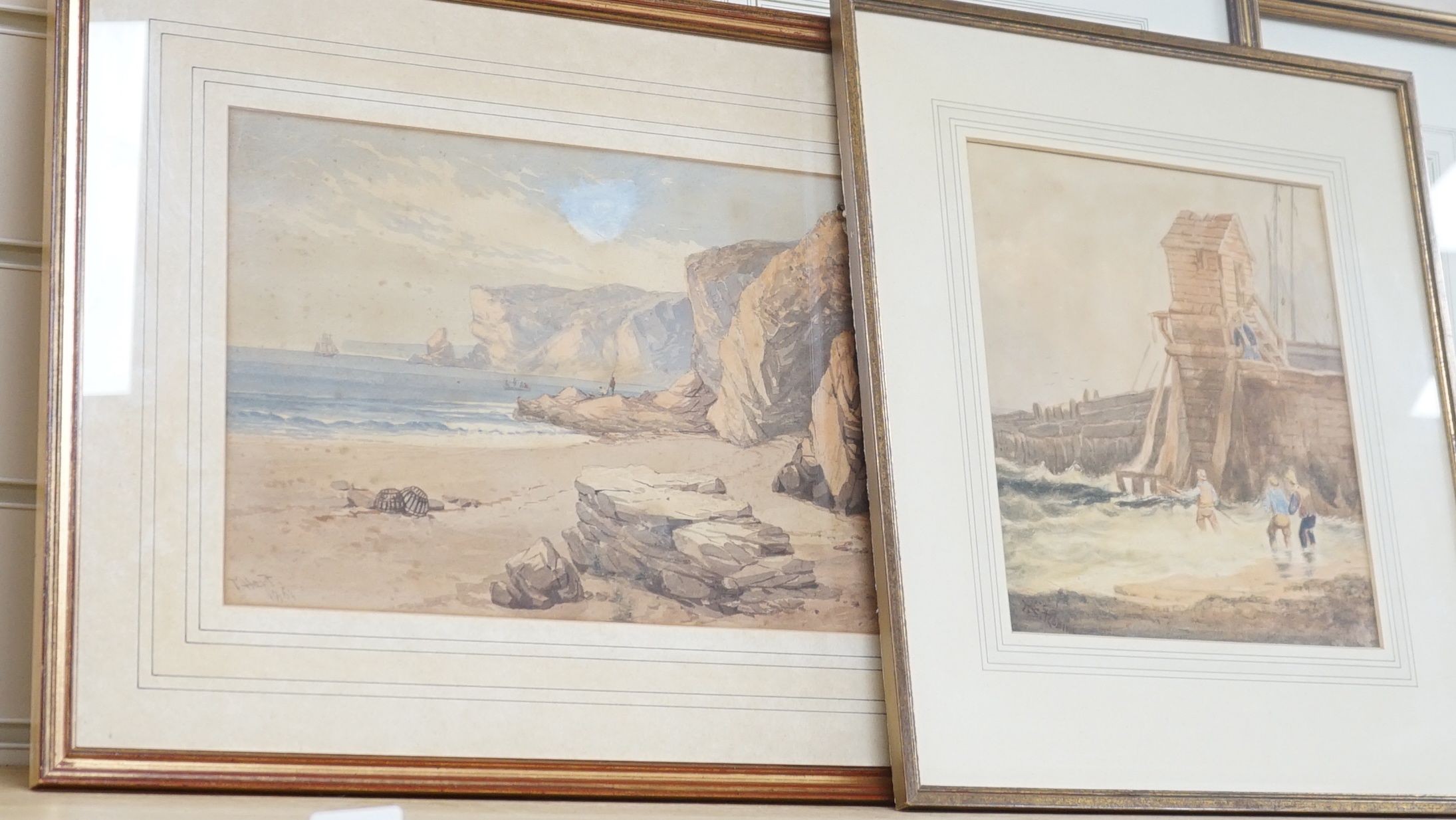 Two Cornish watercolour landscapes, Thos. Sewell Robins (1814-1880), Cornish Beach Scene, signed, 23 cm X 20.5 cm and Thomas Hart F.S.A., Coastal scene, signed and dated 1861, 21 cm X 32 cm
